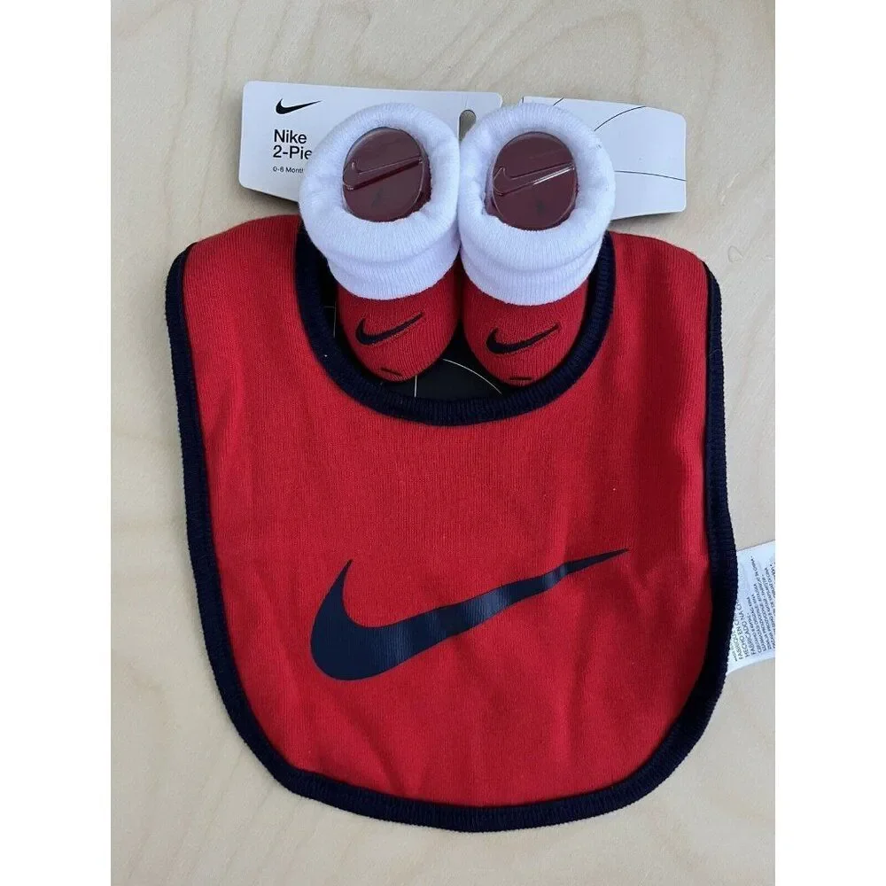 Nike Baby Red Blue Cotton Cuffed Ribbed Trim Swoosh Logo Bib Booties Set 0-6 MO